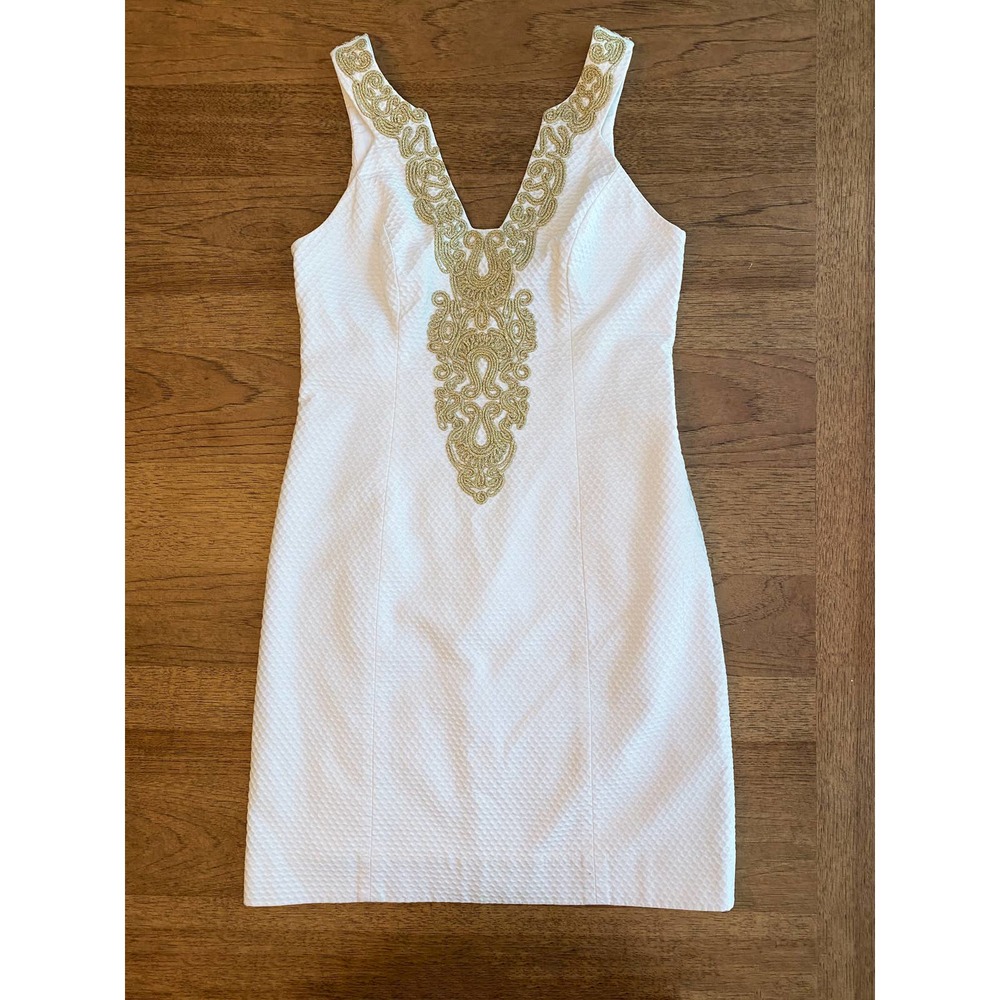 Lilly Pulitzer Suzette Resort White Metallic Gold Cording Shift Dress